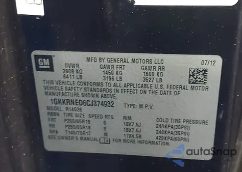 2012 GMC Acadia Sl z USA, uszkodzony, nr VIN 1GKKRNED6CJ374932